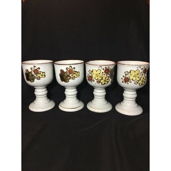 4 Pottery Goblet Wine Glasses Stoneware Chalice Mid Century Ceramic Pansy Flower - Picture 1 of 7